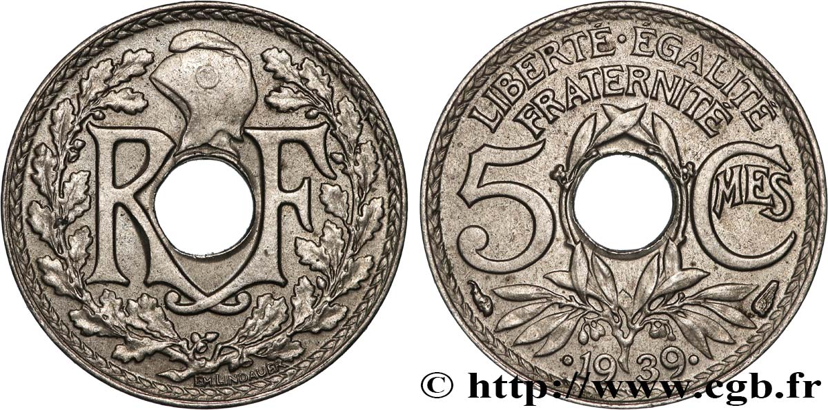 5 centimes Lindauer, maillechort 1939 Paris F.123A/3 EBC 