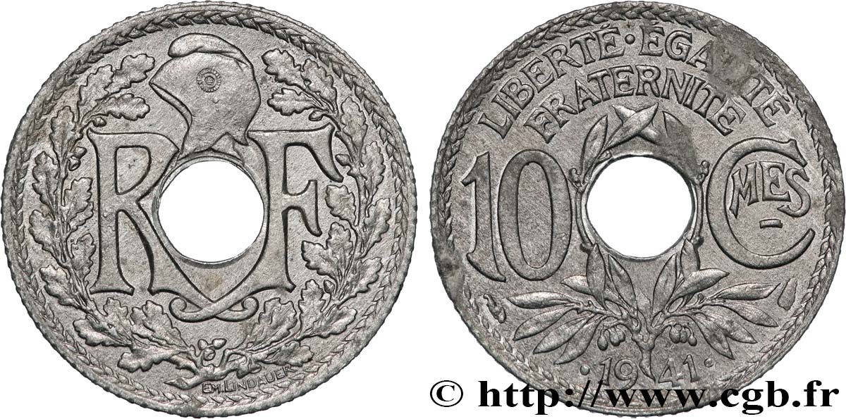 10 centimes Lindauer en zinc, Cmes souligné et millésime avec points 1941  F.140/2 SUP 