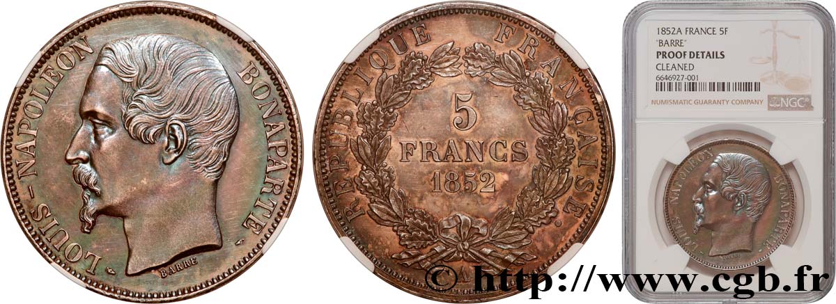 5 francs Louis-Napoléon, 1er type, en flan bruni (Proof Details) 1852 Paris F.329/1 var. SPL NGC