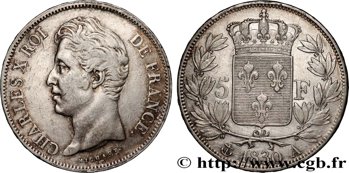 5 francs Charles X 2e type, tranche en relief 1830 Paris F.312/1 XF 