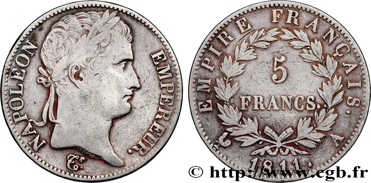 5 francs Napoléon Empereur, Empire français 1811 Paris F.307/27 TB+ 
