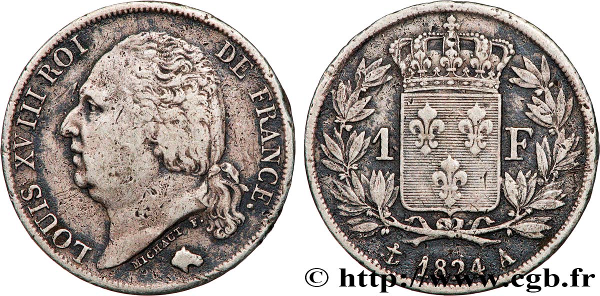 1 franc Louis XVIII 1824 Paris F.206/56 MB 