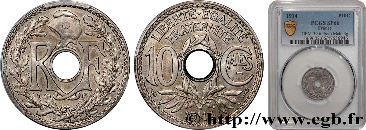Essai de 10 centimes Lindauer, Cmes souligné, Maillechort 1914 Paris GEM.39 6 MS66 PCGS