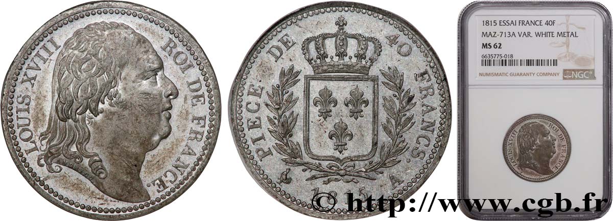 Essai de 40 francs d’Andrieu 1815 Paris Maz.713A var. MS62 