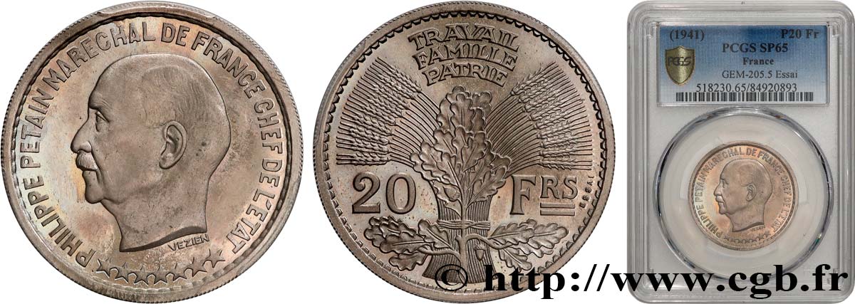 Essai hybride de 20 francs Pétain en cupro-nickel par Vézien / Cochet n.d. Paris GEM.205 5 FDC65 PCGS