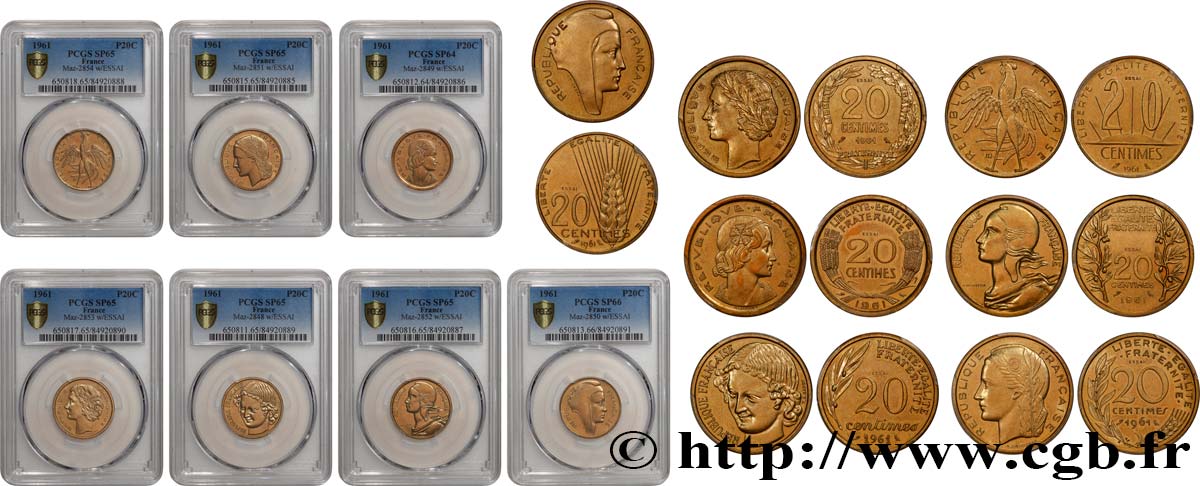 Ensemble des sept Essais du concours de 20 centimes, avec le mot ESSAI 1961 Paris GEM.55 2, 4, 6, 8, 10, 12, 14 FDC PCGS