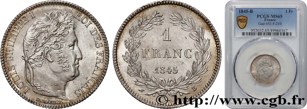 1 franc Louis-Philippe, couronne de chêne 1845 Rouen F.210/101 FDC65 PCGS