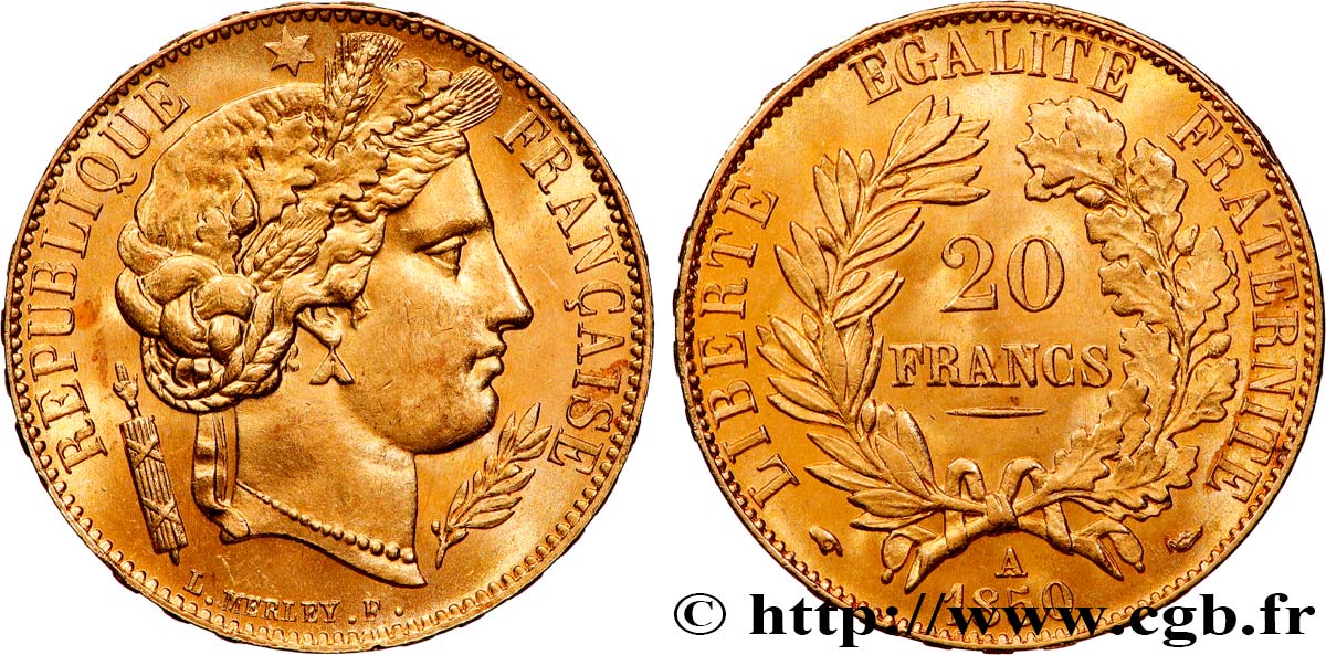 20 francs or Cérès 1850 Paris F.529/3 fST63 
