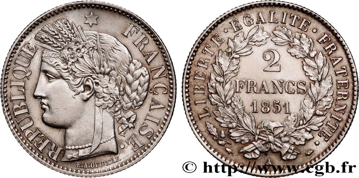 2 francs Cérès, IIe République 1851  Paris F.261/7 VZ+ 