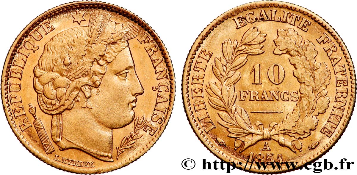 10 francs or Cérès, IIe République 1851 Paris F.504/3 SPL55 