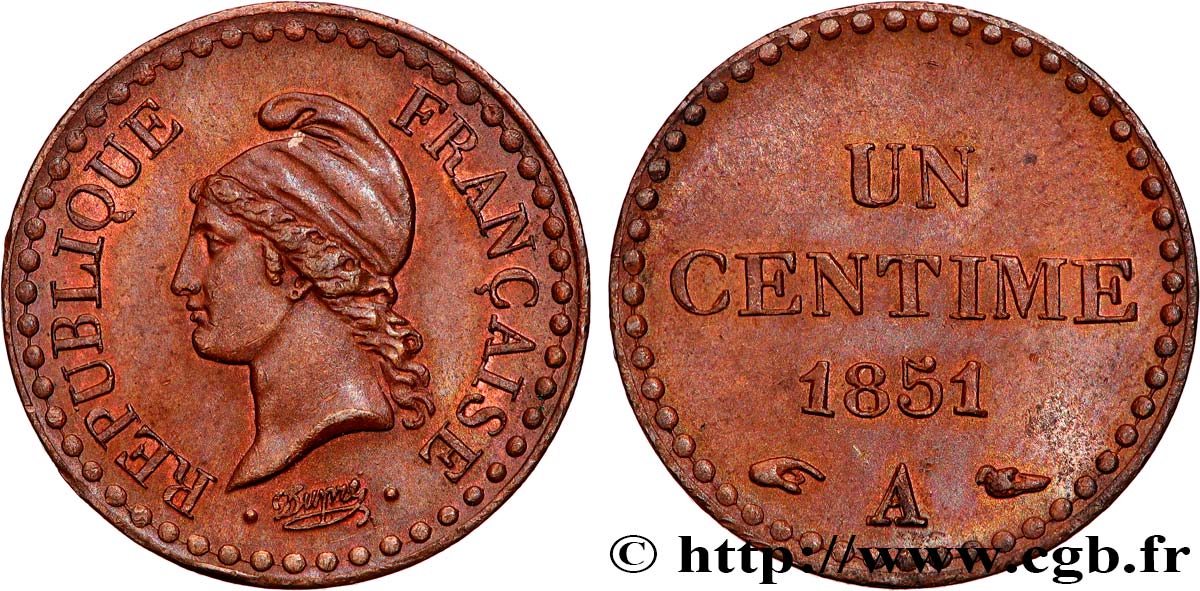 Un centime Dupré, IIe République 1851 Paris F.101/8 SUP60 