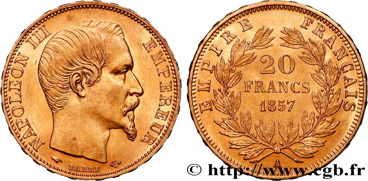 20 francs or Napoléon III, tête nue 1857 Paris F.531/12 MS60 