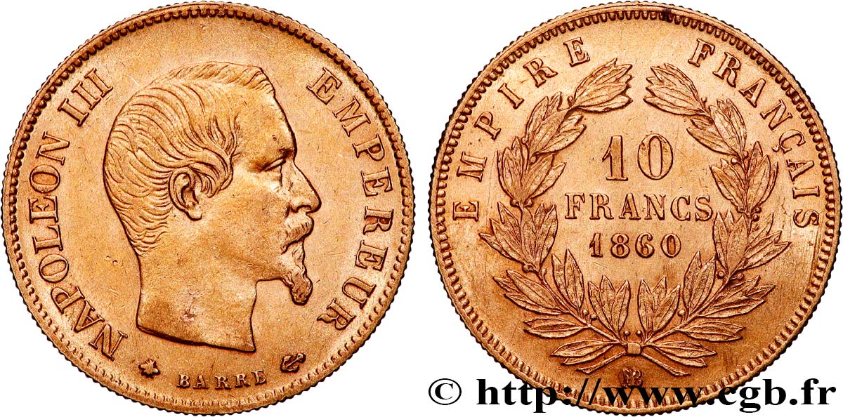 10 francs or Napoléon III, tête nue 1860 Strasbourg F.506/11 MBC 