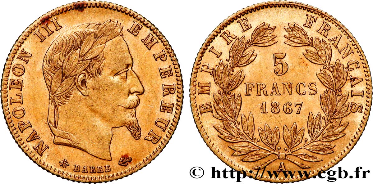 5 francs or Napoléon III, tête laurée 1867 Paris F.502/11 MBC+ 