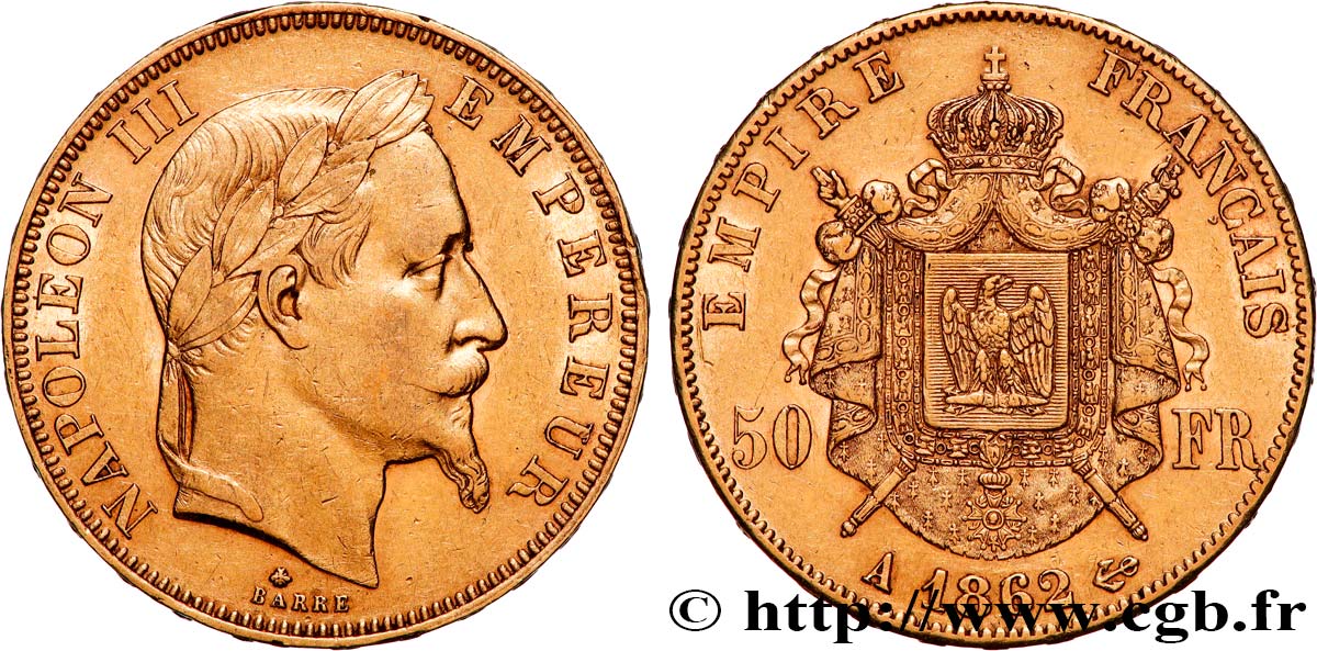 50 francs or Napoléon III, tête laurée 1862 Paris F.548/1 fVZ 