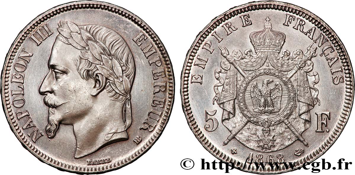 5 francs Napoléon III, tête laurée 1868 Strasbourg F.331/13 VZ+ 