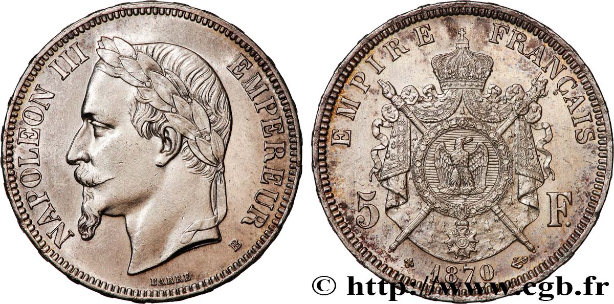 5 francs Napoléon III, tête laurée 1870 Strasbourg F.331/17 EBC 