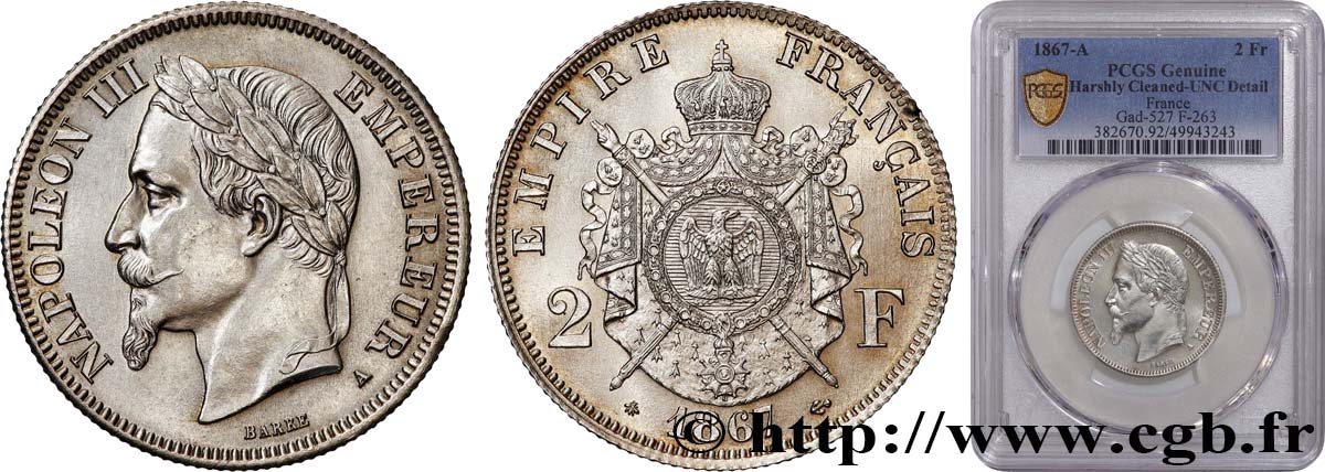 2 francs Napoléon III, tête laurée 1867 Paris F.263/5 SPL+ PCGS