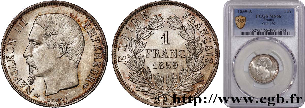 1 franc Napoléon III, tête nue 1859 Paris F.214/12 FDC66 PCGS