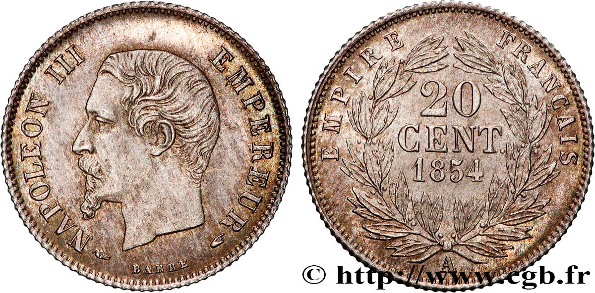 20 centimes Napoléon III, tête nue 1854 Paris F.148/2 SUP62 GENI