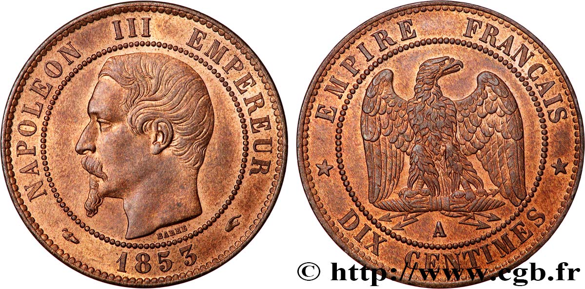 Dix centimes Napoléon III, tête nue 1853 Paris F.133/2 fST64 