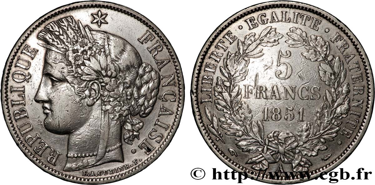 5 francs Cérès, IIe République 1851 Paris F.327/7 q.BB 