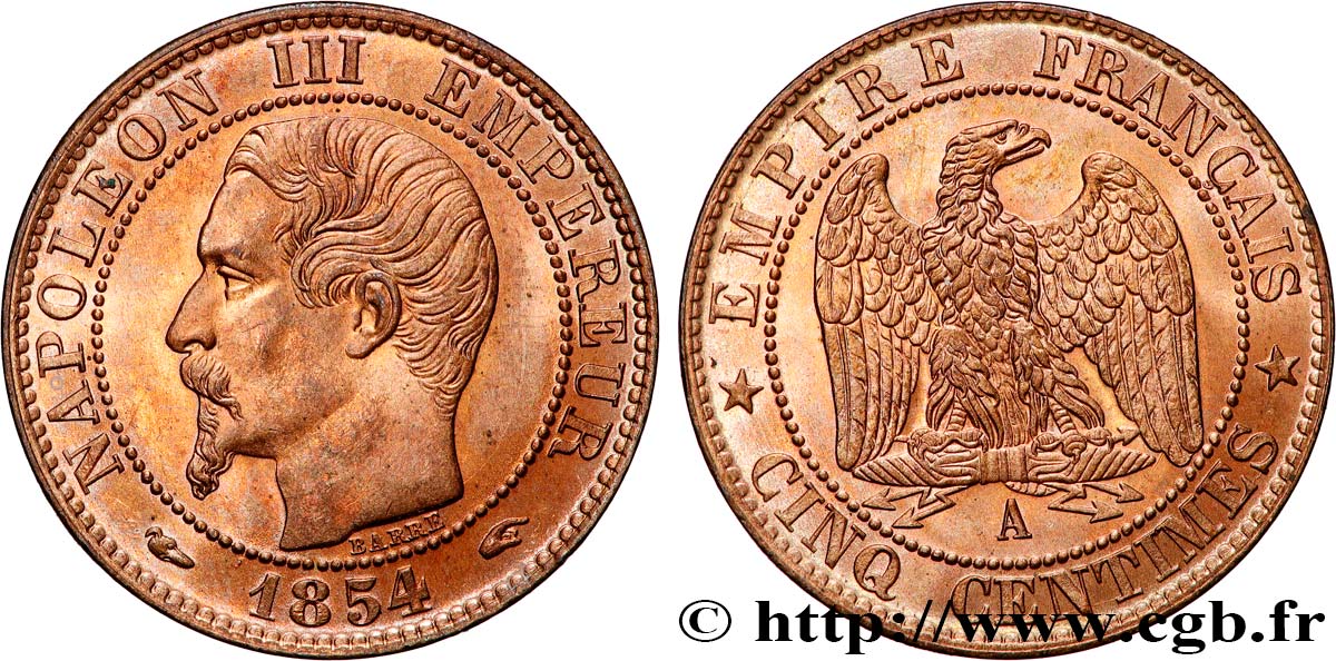 Cinq centimes Napoléon III, tête nue 1854 Paris F.116/8 MS64 