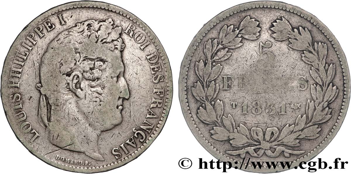 5 francs Ier type Domard, tranche en relief 1831 Nantes F.320/12 TB 