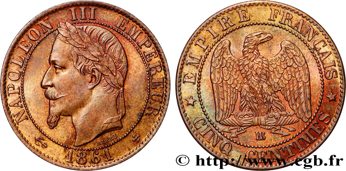 Cinq centimes Napoléon III, tête laurée 1861 Strasbourg F.117/5 SUP+ 