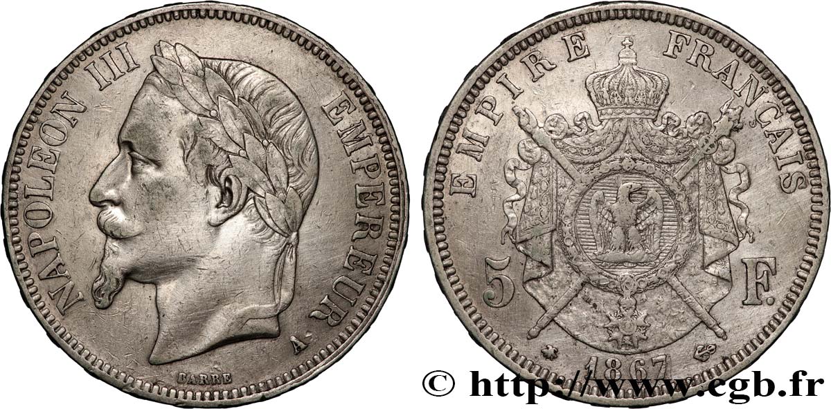 5 francs Napoléon III, tête laurée 1867 Paris F.331/10 BB 