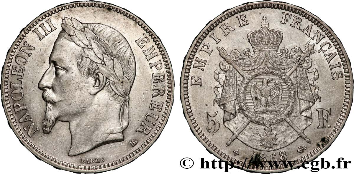 5 francs Napoléon III, tête laurée 1868 Strasbourg F.331/13 MBC 