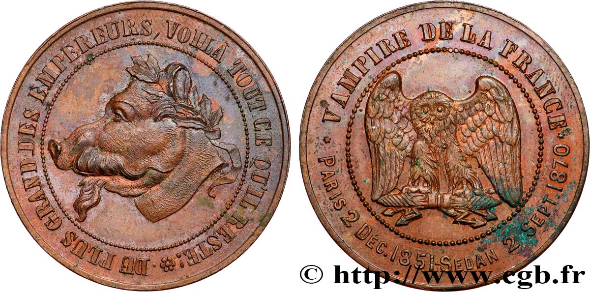 Monnaie satirique Cu 32, module de dix centimes à la tête de cochon 1870  Schw.C6c p.353 SUP 