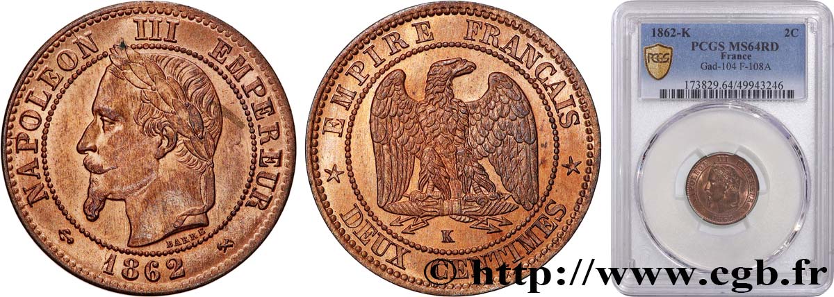 Deux centimes Napoléon III, tête laurée, buste définitif 1862 Bordeaux F.108A/7 MS64 PCGS