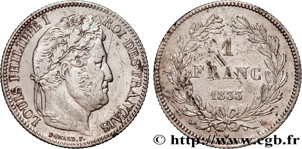 1 franc Louis-Philippe, couronne de chêne 1833 Bayonne F.210/21 S 