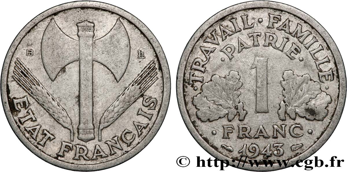 1 franc Francisque, légère 1943 Beaumont-Le-Roger F.223/4 TB35 