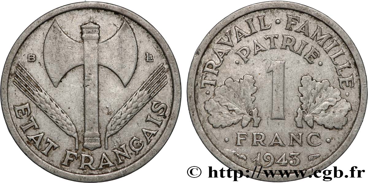 1 franc Francisque, légère 1943 Beaumont-Le-Roger F.223/4 TB35 