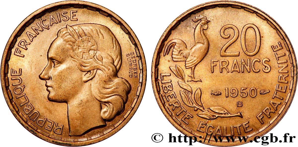 20 francs Georges Guiraud, 3 faucilles 1950 Beaumont-Le-Roger F.401/2 SPL64 