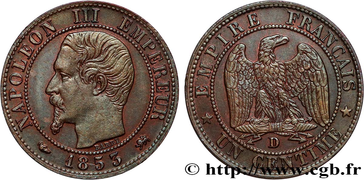 Un centime Napoléon III, tête nue 1853 Lyon F.102/4 AU 