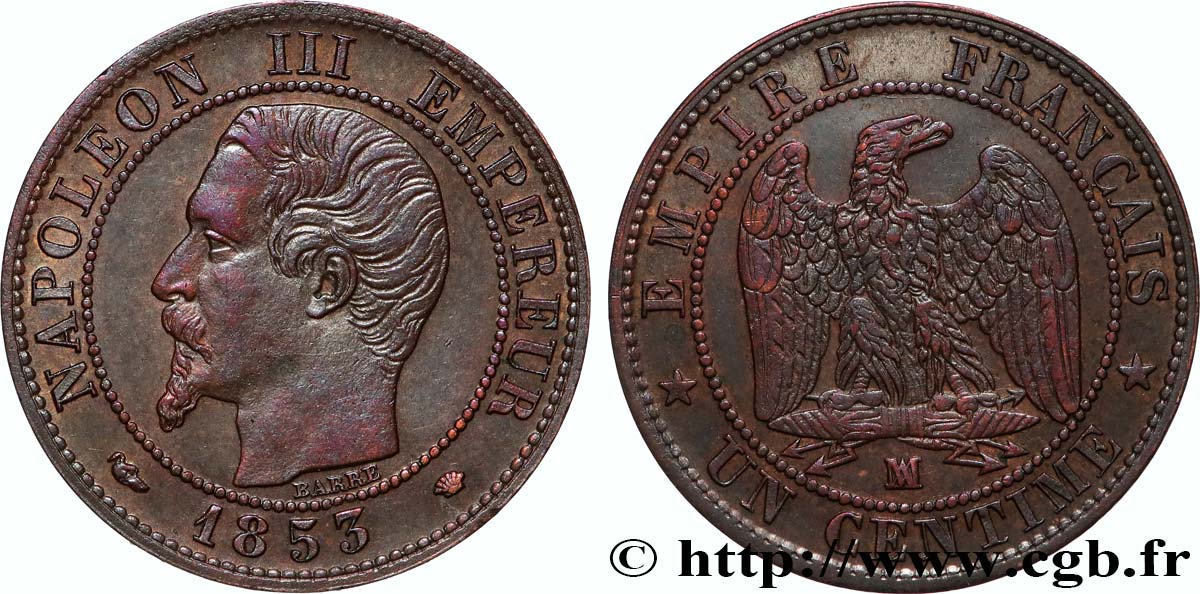 Un centime Napoléon III, tête nue 1853 Marseille F.102/7 SUP 