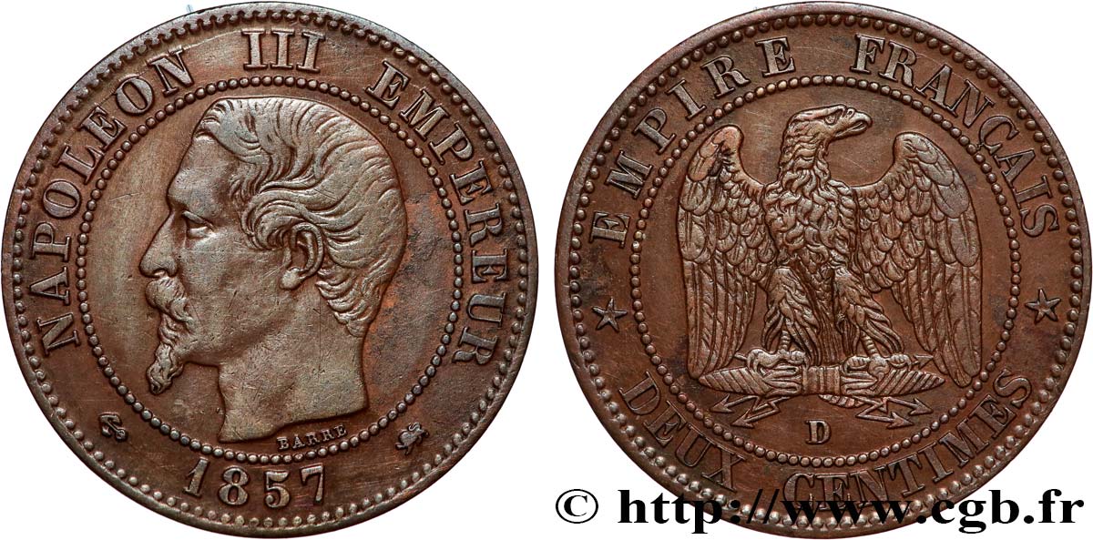 Deux centimes Napoléon III, tête nue, petit D et petit lion 1857 Lyon F.107/48 SS 