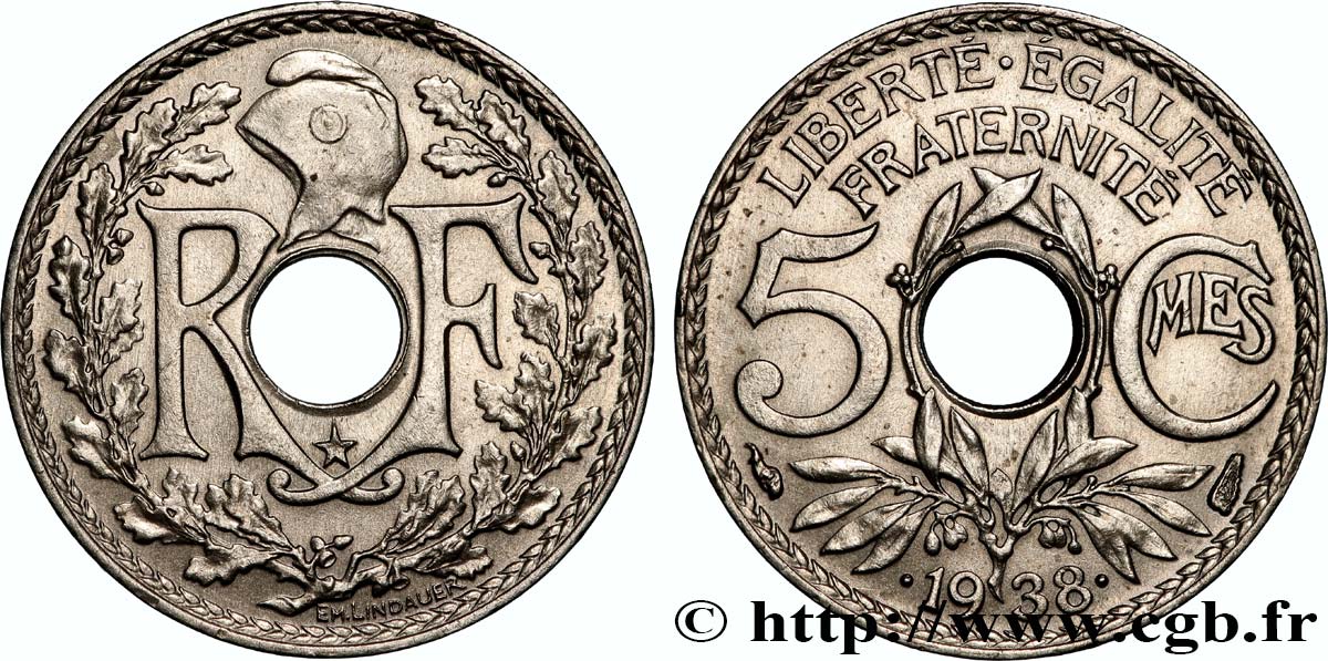 5 centimes Lindauer, maillechort, avec étoile 1938  F.123/1 AU 