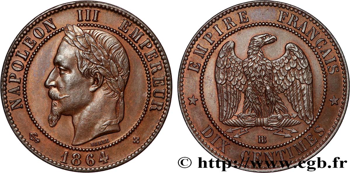 Dix centimes Napoléon III, tête laurée 1864 Strasbourg F.134/14 EBC 