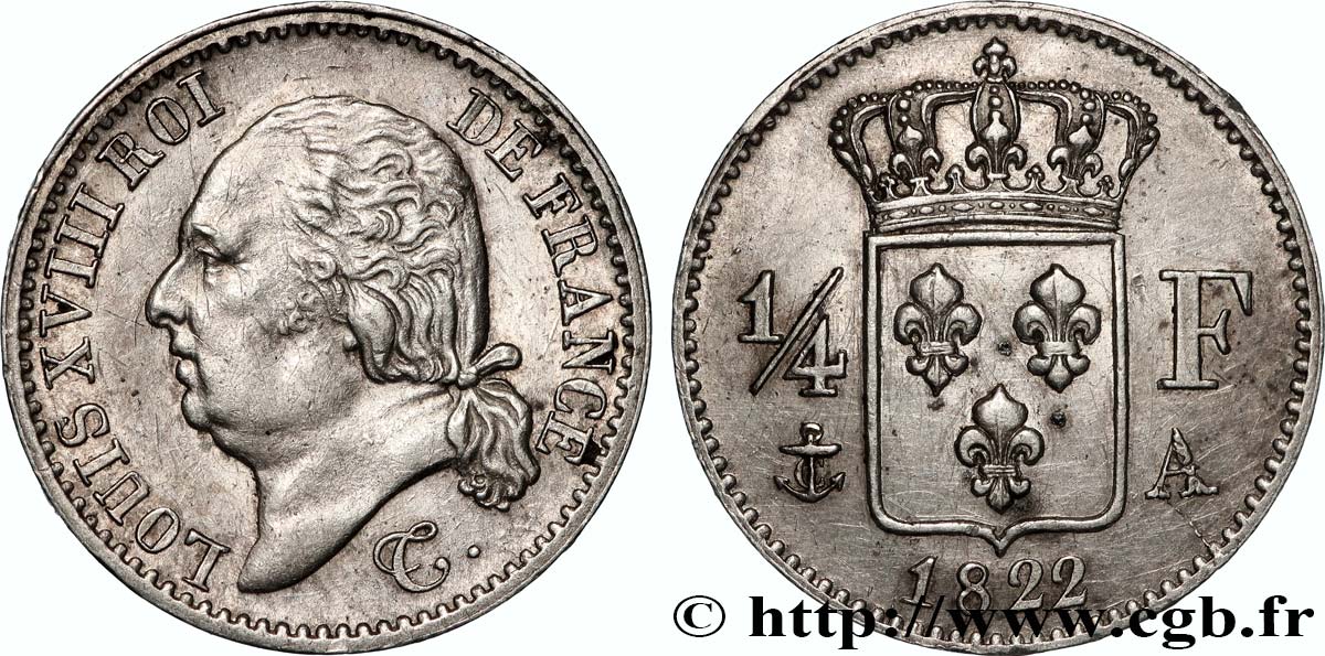 1/4 franc Louis XVIII 1822 Paris F.163/21 MBC+ 