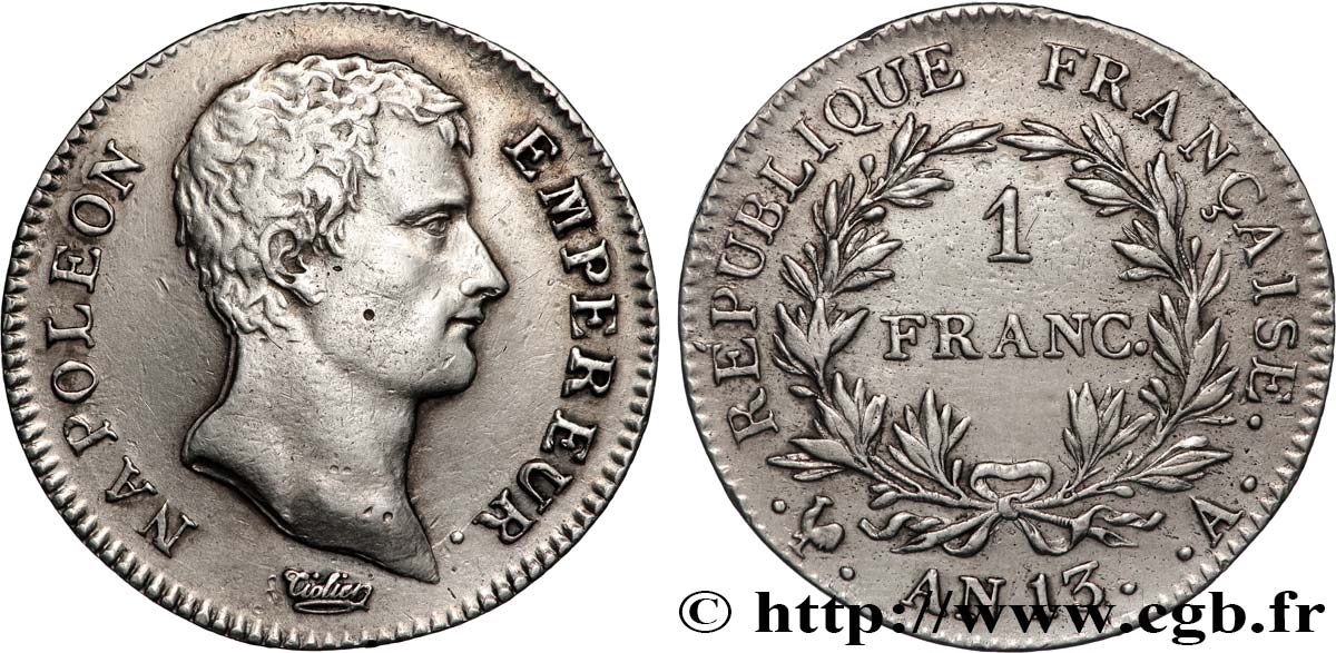 1 franc Napoléon Empereur, Calendrier révolutionnaire 1805 Paris F.201/14 TTB 