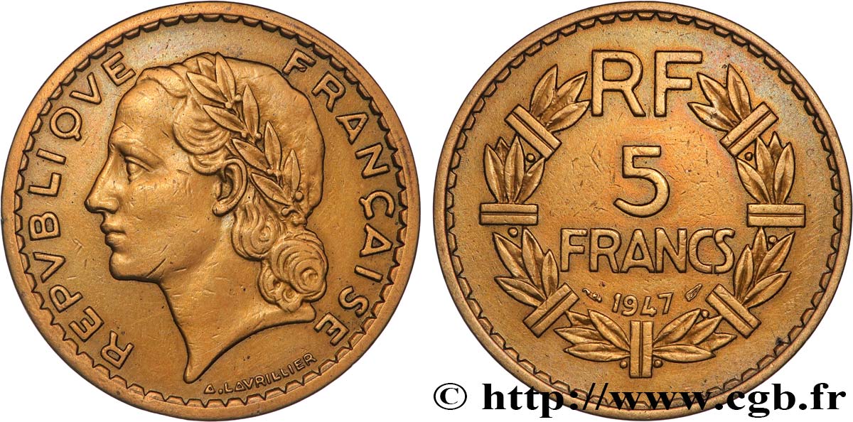 5 francs Lavrillier, bronze-aluminium 1947  F.337/9 VF 