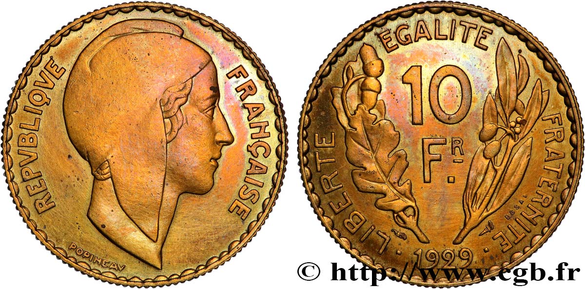 Concours de 10 francs, essai de Popineau en bronze-aluminium 1929 Paris GEM.167 3 q.SPL 