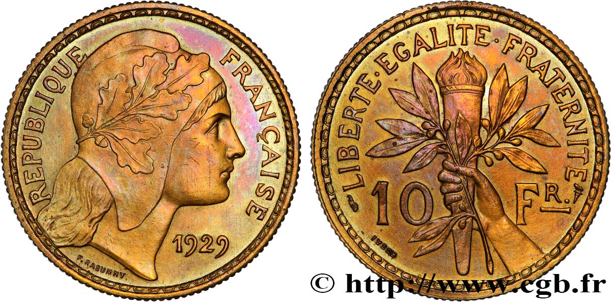 Concours de 10 francs, essai de Rasumny en bronze-aluminium 1929  GEM.168 3 SPL 