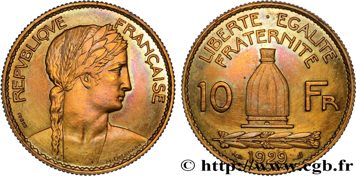 Concours de 10 francs, essai de Delannoy en bronze-aluminium 1929 Paris GEM.163 3 VZ 