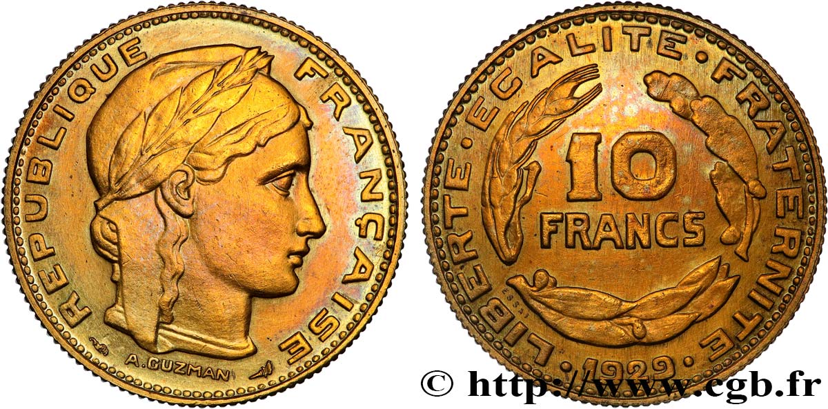 Concours de 10 francs, essai de Guzman en bronze-aluminium 1929 Paris GEM.164 3 TTB+ 