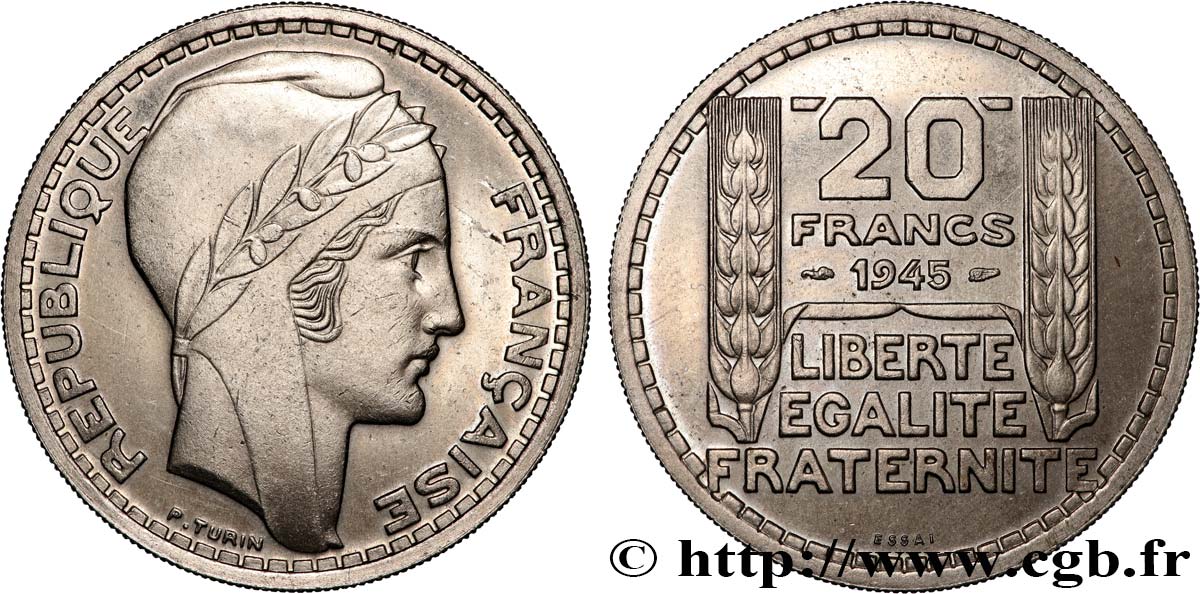 Essai de 20 francs Turin en cupro-nickel 1945 Paris GEM.206 1 SUP+ 